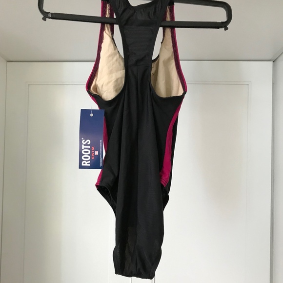 Roots Swim Girls One Piece Swimsuit 10 NWT Black and Magenta Racerback - Picture 2 of 8